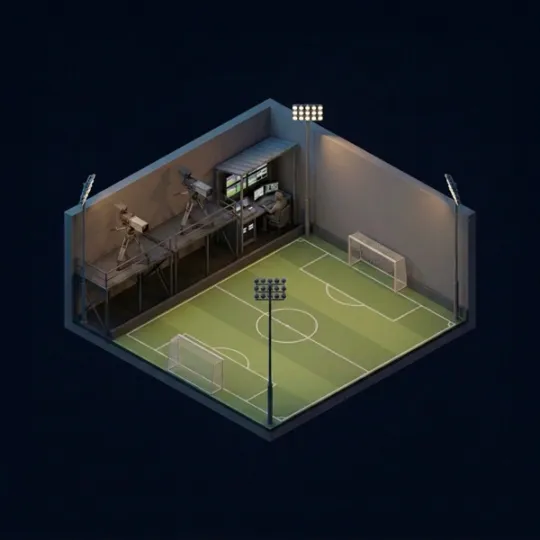 Terrain de football sous projecteurs avec plateforme caméras et régie