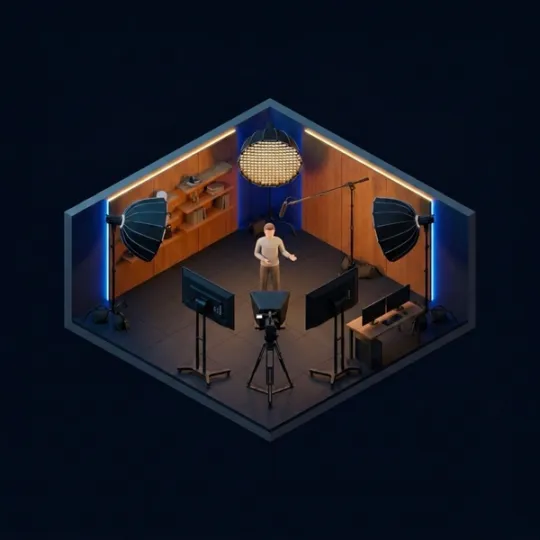 Plateau studio avec éclairage, prompteur et caméras pour audience en ligne